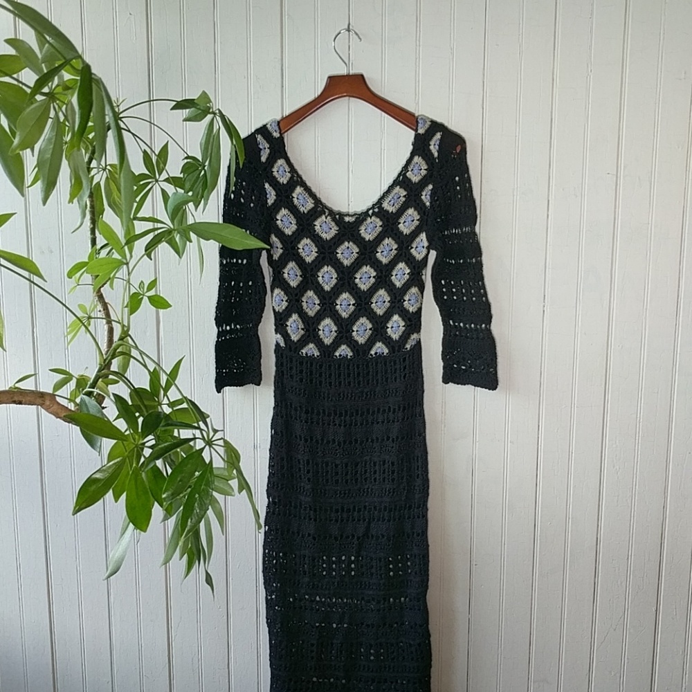 Free People RARE black full crochet maxi dress S